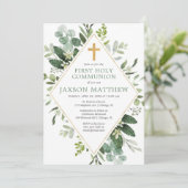 Erste Heilige Kommunion Moderner Eukalyptus einfac Einladung (Stehend Vorderseite)