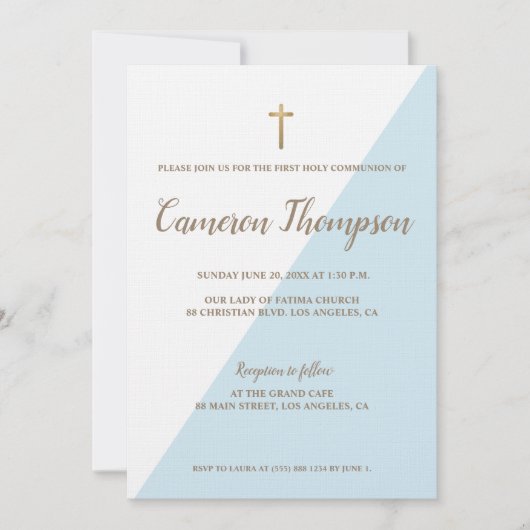 Erste heilige Kommunion Modernes Blaues Weiß Gold Einladung (Vorderseite)