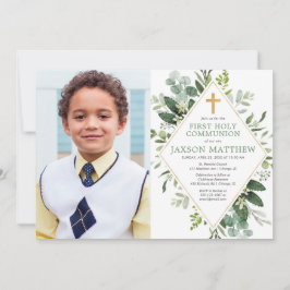 Erste Heilige Kommunion Modernes Eukalyptus-Foto Einladung