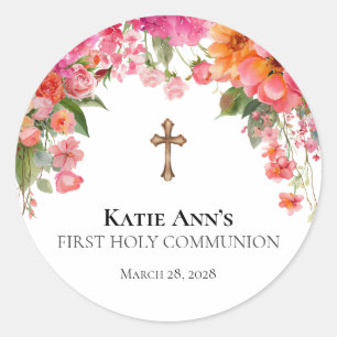 Erste Heilige Kommunion Personalisierter Blumenauf Runder Aufkleber