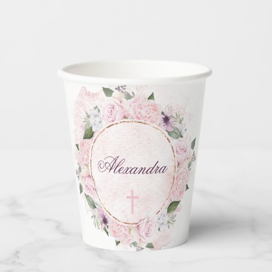 Erste Heilige Kommunion Pink Roses Pappbecher (Vorderseite)