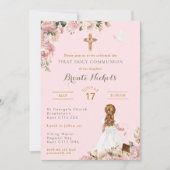 Erste Heilige Kommunion Religiöse Pink Girl Einladung (Vorderseite)