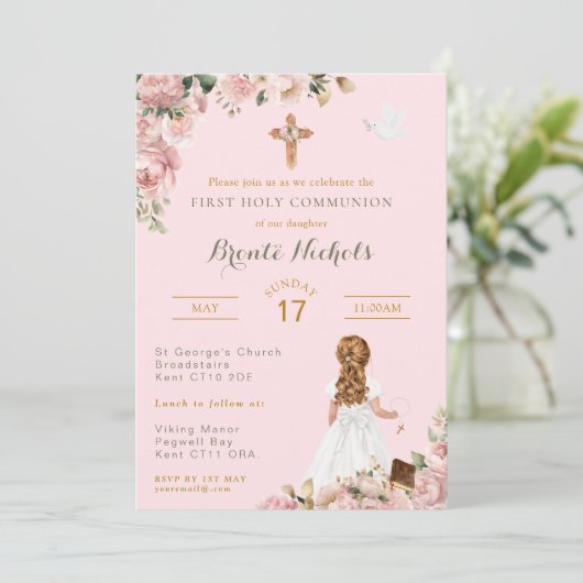 Erste Heilige Kommunion Religiöse Pink Girl Einladung (Stehend Vorderseite)
