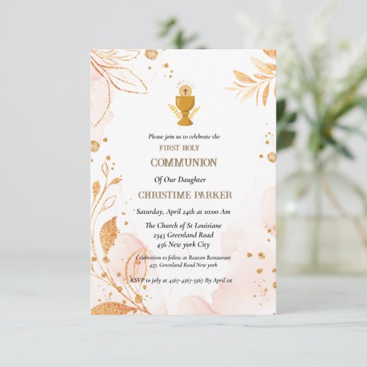 Erste heilige Kommunion Rosa Aquarellspritze Einladung (Stehend Vorderseite)