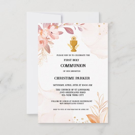 Erste heilige Kommunion Rosa Aquarellspritze Einladung (Vorderseite)