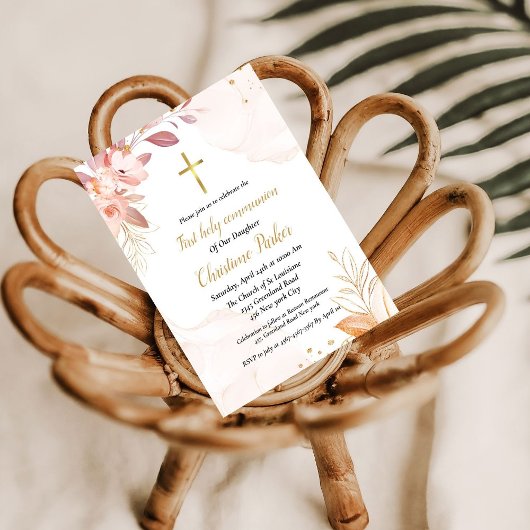 Erste heilige Kommunion Rosa Aquarellspritze Einladung