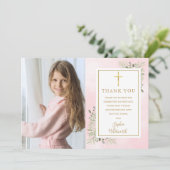 Erste Heilige Kommunion Rosa Grüne Foto Dankeskarte (Stehend Vorderseite)
