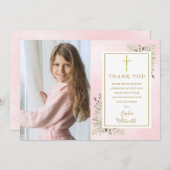 Erste Heilige Kommunion Rosa Grüne Foto Dankeskarte (Vorne/Hinten)