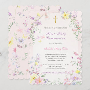Erste Heilige Kommunion Rosa Mädchen Einladung