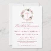 Erste Heilige Kommunion Rosa Rose Floral Einladung (Vorderseite)