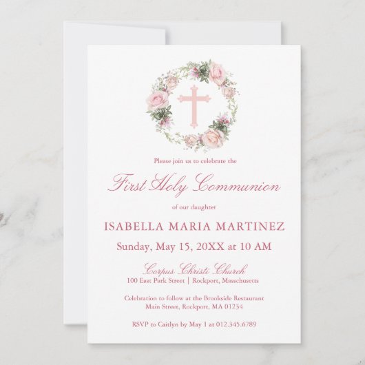 Erste Heilige Kommunion Rosa Rose Floral Einladung (Vorderseite)
