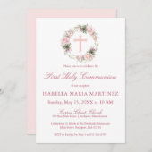 Erste Heilige Kommunion Rosa Rose Floral Einladung (Vorne/Hinten)