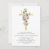 Erste Heilige Kommunion Rosa Rose Grüne Inv Einladung (Vorderseite)