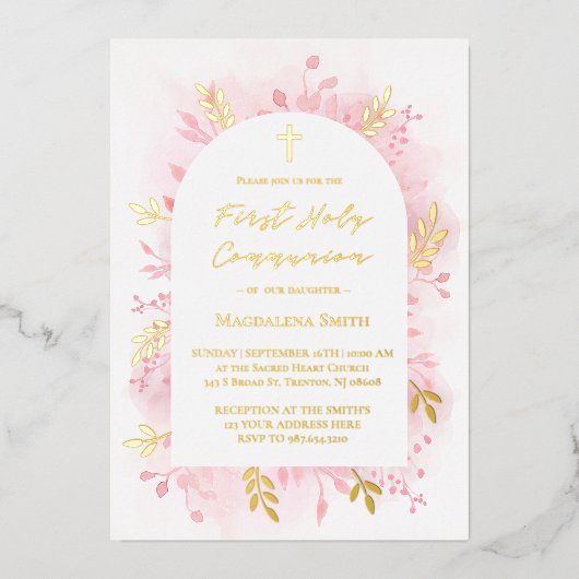 Erste Heilige Kommunion Rosa Wasserfarbe Folieneinladung (Vorderseite)