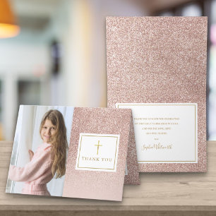 Erste heilige Kommunion Rose Gold Glitter-Foto Dankeskarte