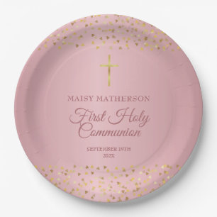 Erste heilige Kommunion Rose Gold Herzen Pappteller
