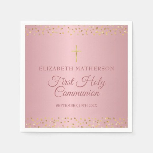 Erste heilige Kommunion Rose Goldene Herzen Serviette (Vorderseite)