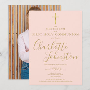 Erste heilige Kommunion-Roségold-Schriftfoto Save The Date