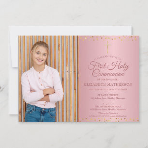 Erste Heilige Kommunion Rosen Gold Herzen Foto Einladung
