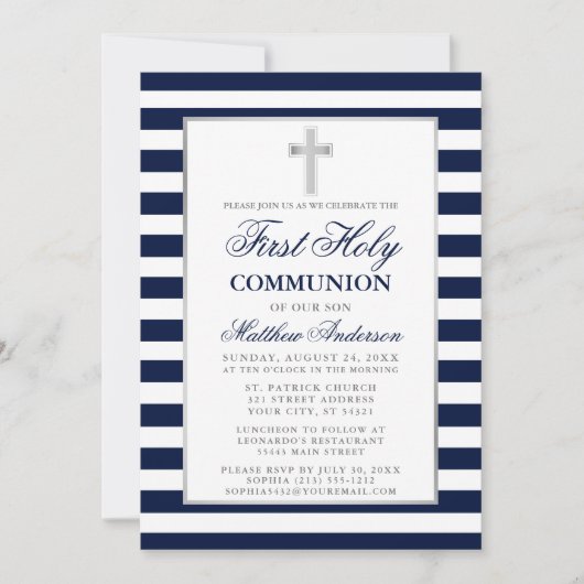 Erste heilige Kommunion Silberblau Streifen Einladung (Vorderseite)