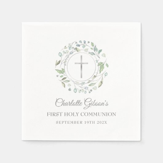 Erste Heilige Kommunion Silberkreuz Grüne Serviette (Vorderseite)