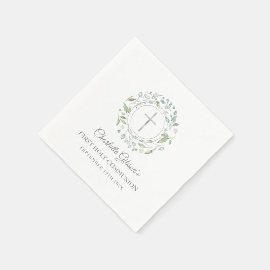 Erste Heilige Kommunion Silberkreuz Grüne Serviette (Ecke)