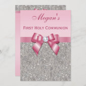 Erste Heilige Kommunion Silberschmuck, Bow & Diamo Einladung (Vorne/Hinten)