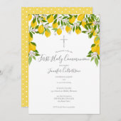 Erste Heilige Kommunion Silver Cross Lemons Grüne Einladung (Vorne/Hinten)