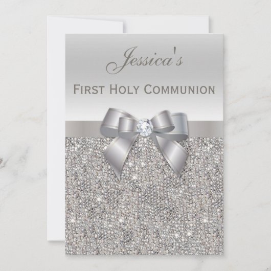 Erste heilige Kommunion Silver Sequins und Bow Einladung (Vorderseite)