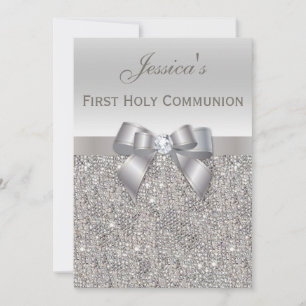 Erste heilige Kommunion Silver Sequins und Bow Einladung