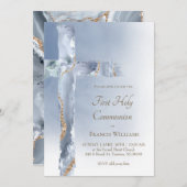 Erste heilige Kommunion staubblaue Agile Heiligkre Einladung (Vorne/Hinten)