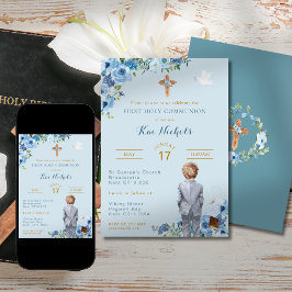 Erste heilige Kommunion Taufe Blonde Boy Dusky Blu Einladung