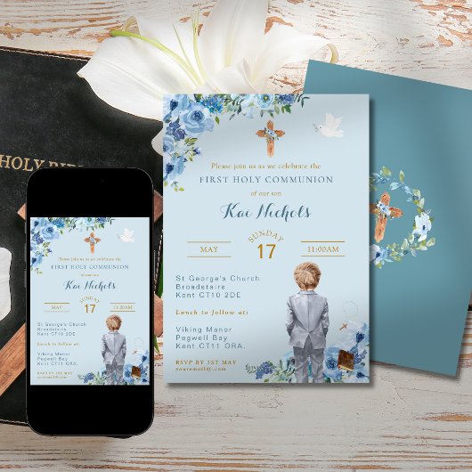 Erste heilige Kommunion Taufe Blonde Boy Dusky Blu Einladung