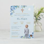 Erste heilige Kommunion Taufe Blonde Boy Dusky Blu Einladung (Stehend Vorderseite)