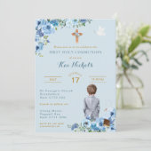 Erste heilige Kommunion Taufe Boy Dusky Slate Blue Einladung (Stehend Vorderseite)