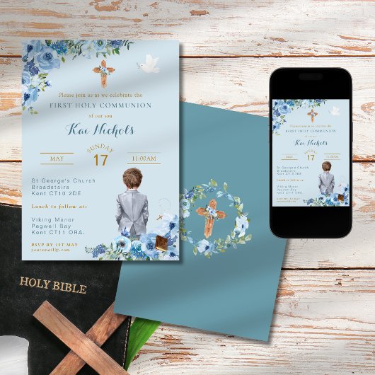 Erste heilige Kommunion Taufe Boy Dusky Slate Blue Einladung