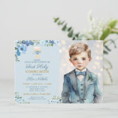 Erste Heilige Kommunion Taufe Chalice Boy Blue Einladung (Stehend Vorderseite)