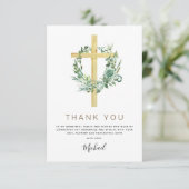 Erste heilige Kommunion Vielen Dank Grüne Sage Inv Dankeskarte (Stehend Vorderseite)