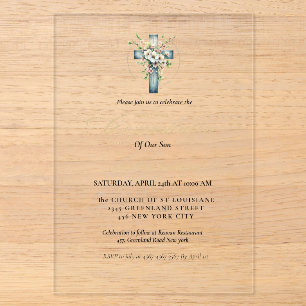 Erste heilige Kommunion Wasserfarbe Florales Kreuz Acryleinladungen
