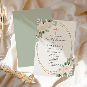 Erste heilige Kommunion Weiße Rose Floral Einladung