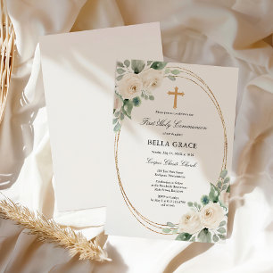 Erste Heilige Kommunion Weiße Rose Floral Einladung