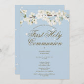 Erste heilige Kommunion Weißer Blossom Blumenblau Save The Date (Vorne/Hinten)