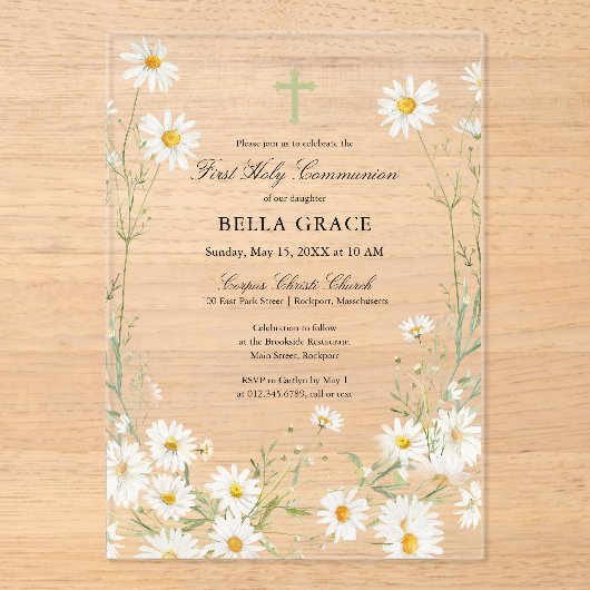 Erste heilige Kommunion White Daisy Floral Acryleinladungen (Vorderseite)