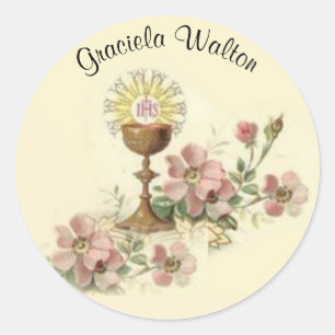 Erste heilige Kommunionchalice-Blumen-Erinnerung Runder Aufkleber