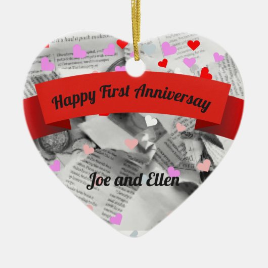 Erste Hochzeit Anniversay, Paper Anniversay Heart Keramik Ornament (Vorne)
