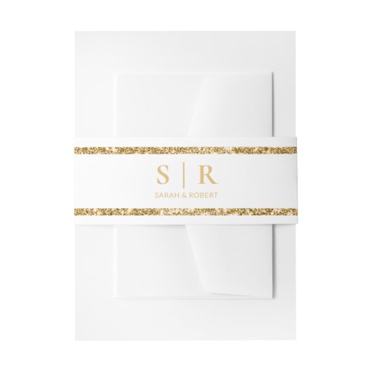 Erste Hochzeit von White & Gold Glitzer Monogram Einladungsbanderole (Vorderseite Beispiel)