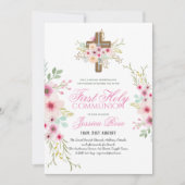 Erste HOLY-Kommunionseinladung Blumenkreuz Rosa Einladung (Vorderseite)