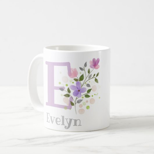 Erste Initial Plus Name Evelyn mit Blume Kaffeetasse (Vorderseite Links)