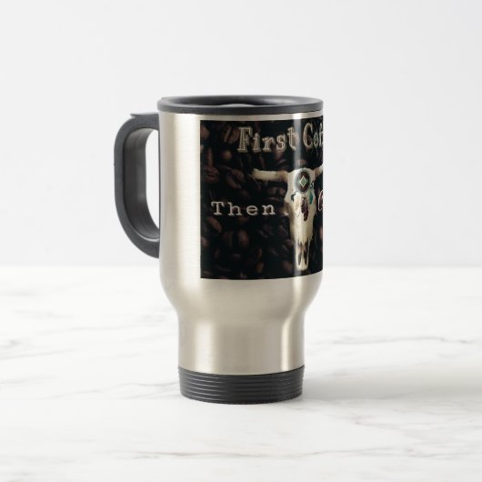 Erste Kaffee-dann Kühe Reisebecher (Vorderseite Links)