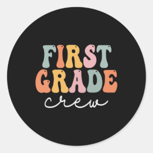Erste Klasse Crew Retro Groovy Vintage Erster Tag Runder Aufkleber